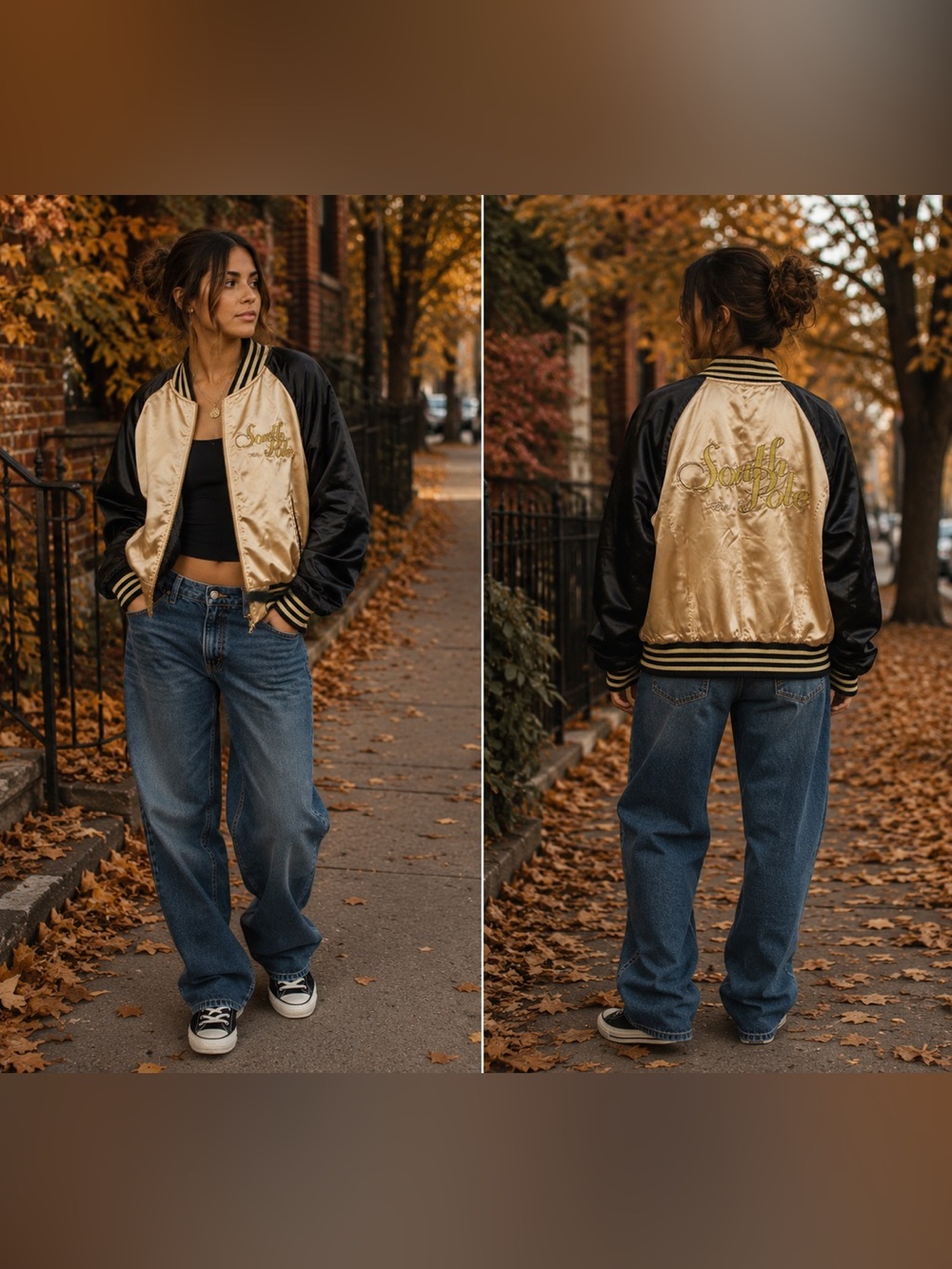 Southpole Satin Varsity Bomber Jacket Black Gold Embroidered Y2K Streetwear